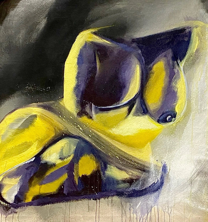 A yellow and purple abstract painting of a nude figure by black artist Aly McDonald from Gatineau, Quebec. This piece is an example of the social and political art available for interior design on the Artterra art gallery. 