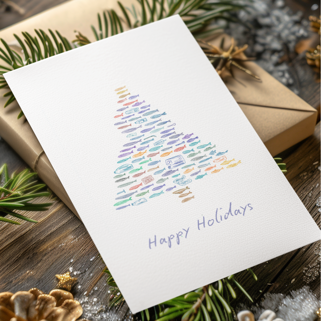 Christmas card with colorful tree design and &