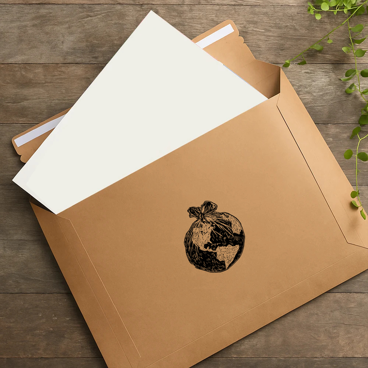 Brown envelope with a black and white illustration of a bag on a wooden surface